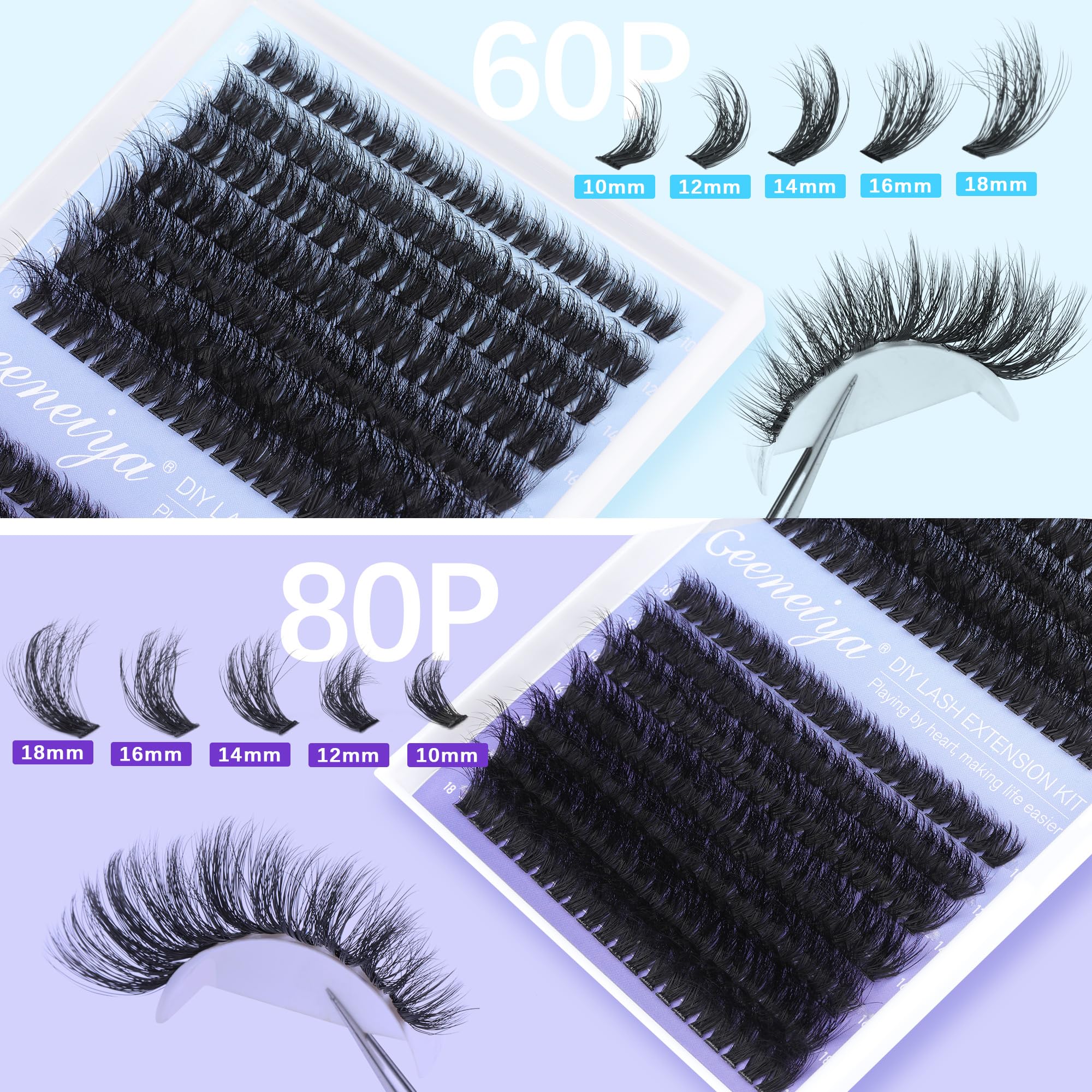 Geeneiya Lash Extension Kit Thick Cluster Lashes DIY Eyelash Extension Kit Individual Lashes Kit with Lash Bond and Seal Glue, Lash Applicator, DIY at Home for Beginners(Thick 60D+80D, 280Pcs)